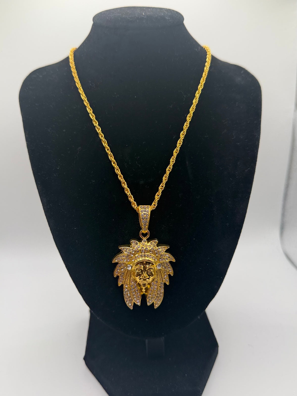 Native chief pendant necklace - gold tone with feather headdress