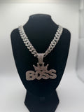 BOSS pendant necklace - silver tone with crown, Cuban chain