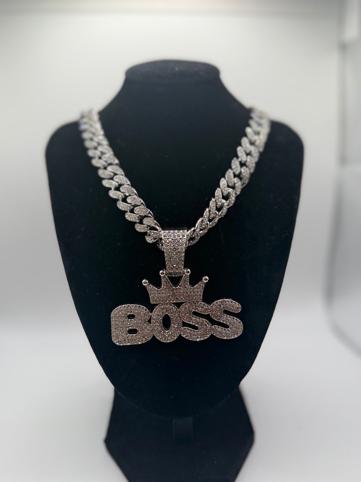 BOSS pendant necklace - silver tone with crown, Cuban chain