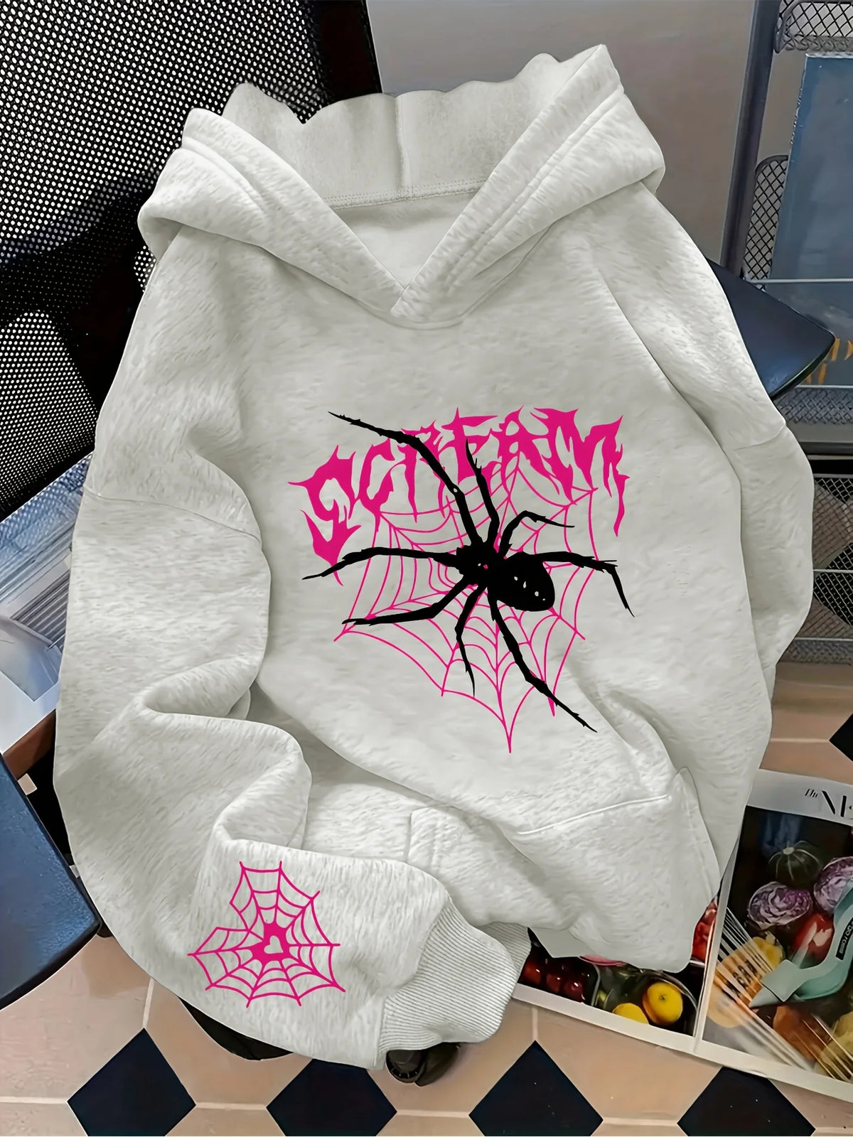 Gothic Spider Print Hoodie — Pink Graffiti