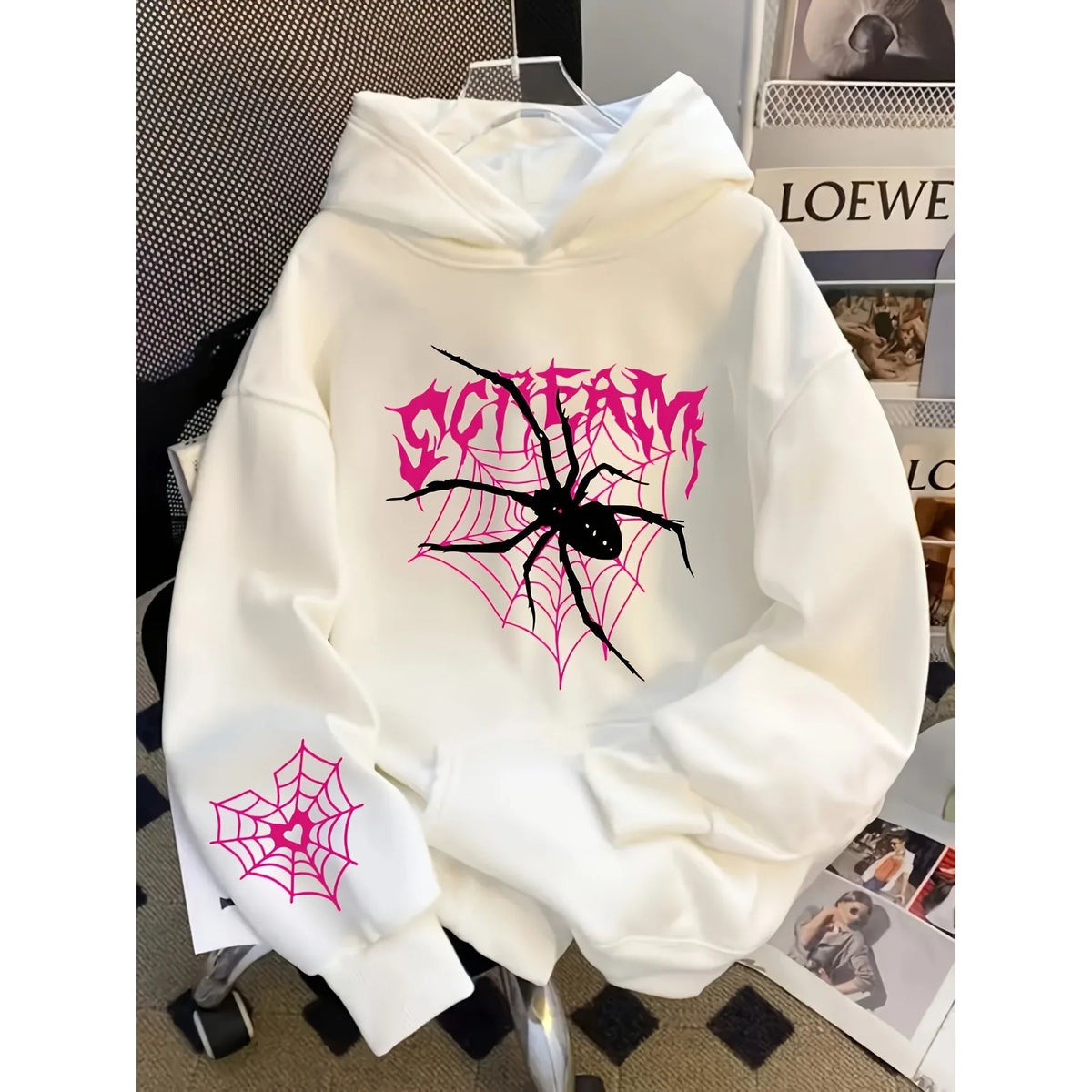 Gothic Spider Print Hoodie — Pink Graffiti