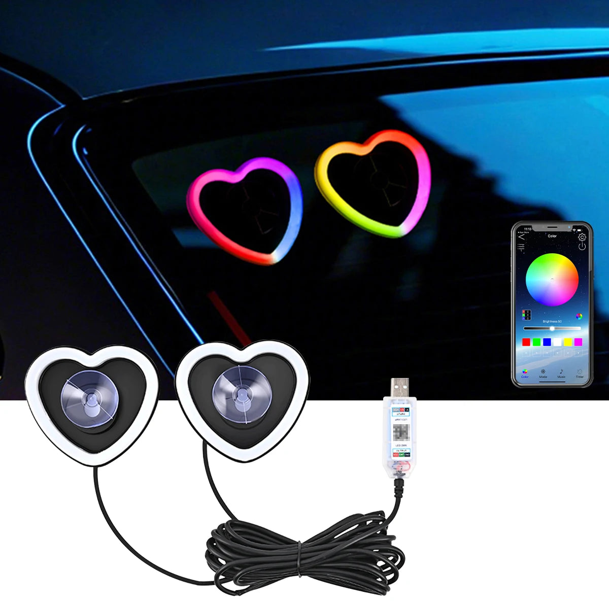 USB Heart LED Car Light — Colorful Ambient