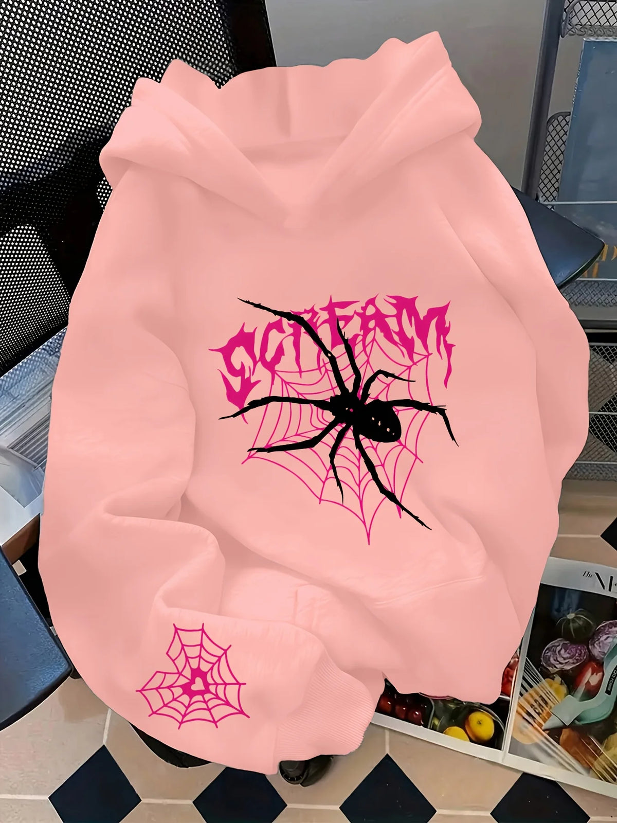 Gothic Spider Print Hoodie — Pink Graffiti