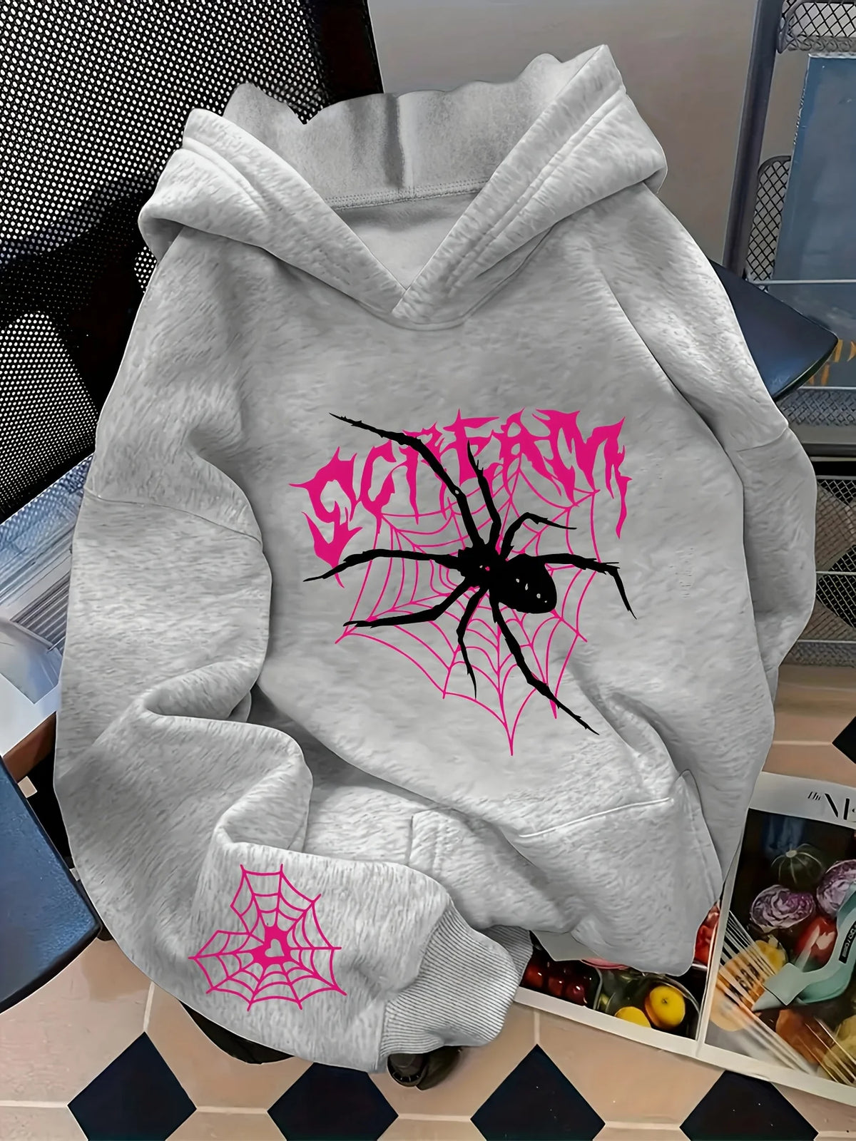 Gothic Spider Print Hoodie — Pink Graffiti