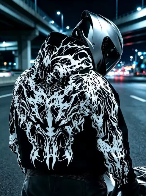 Oversized Skull Flame Hoodie — Biker Back Print