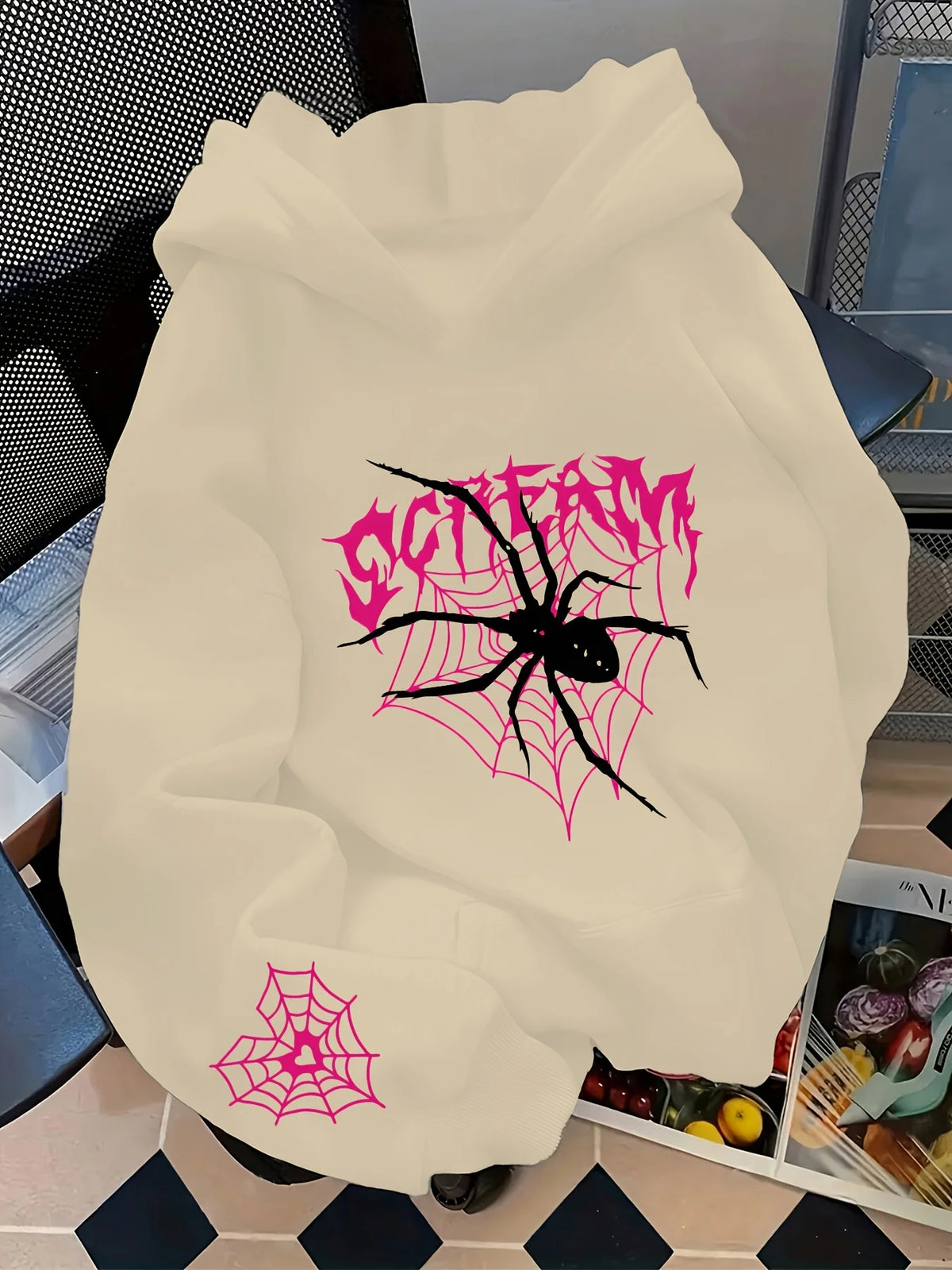 Gothic Spider Print Hoodie — Pink Graffiti