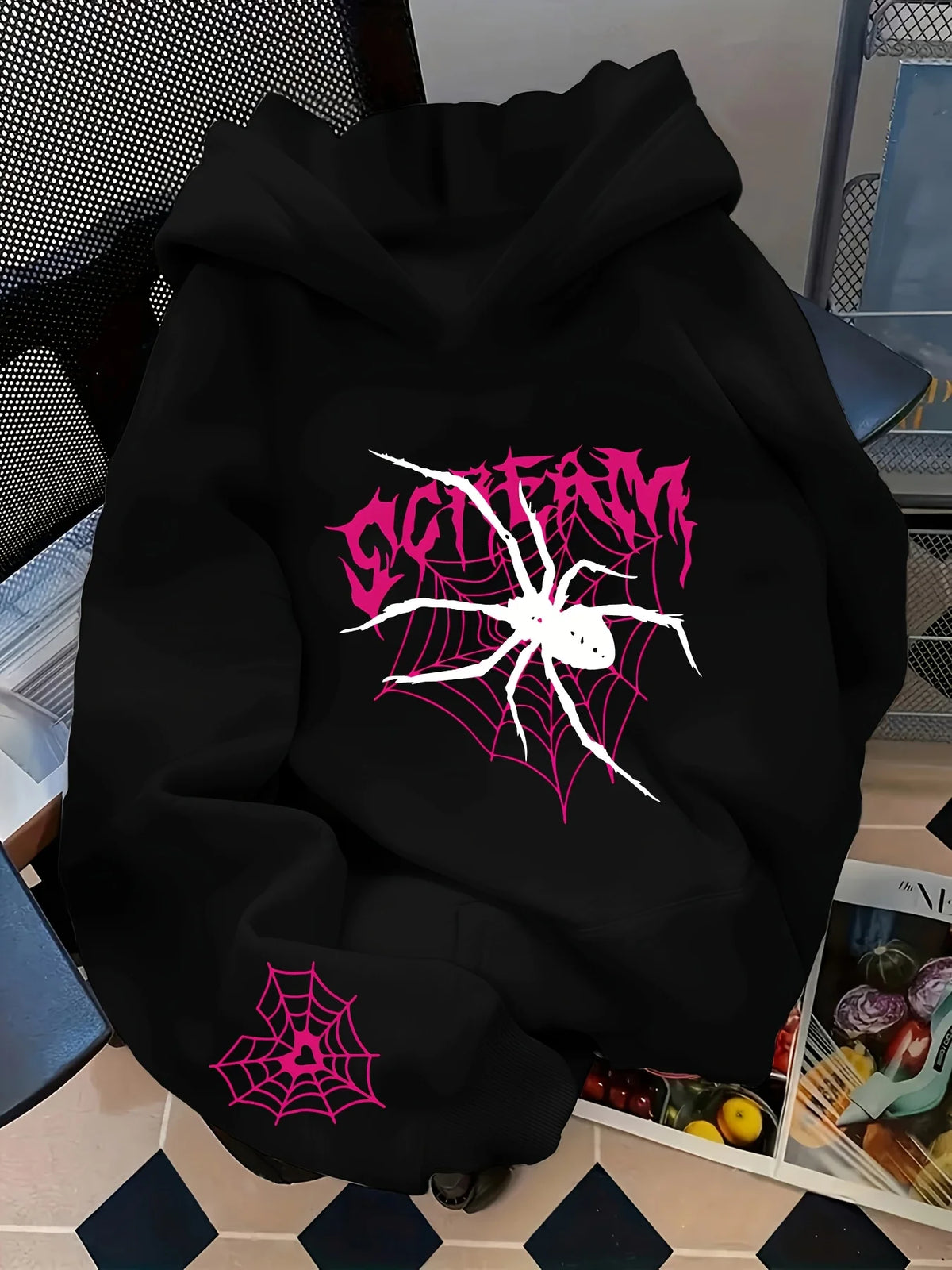 Gothic Spider Print Hoodie — Pink Graffiti