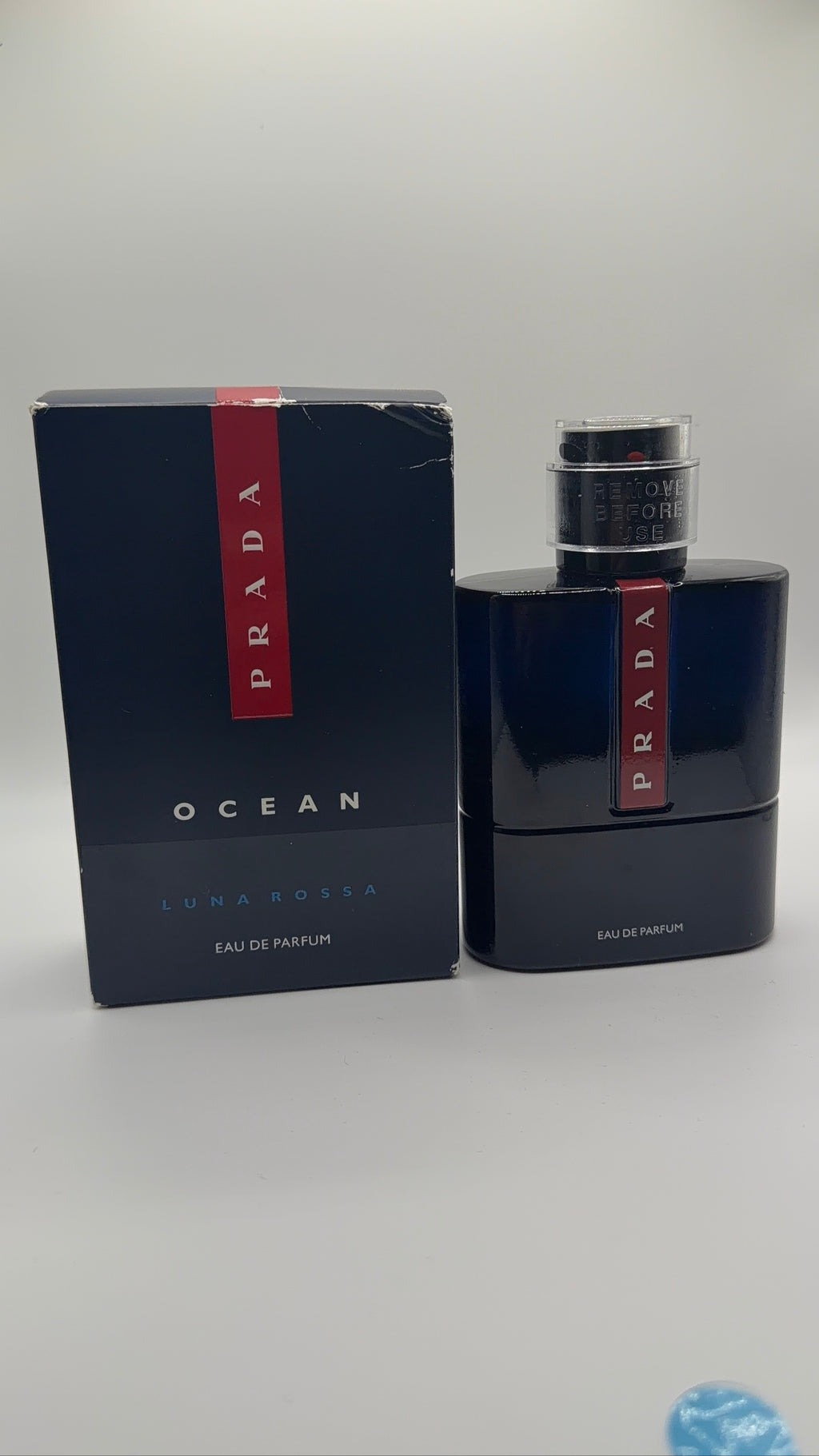 Prada Luna Rossa Ocean Eau de Parfum bottle and box - side view