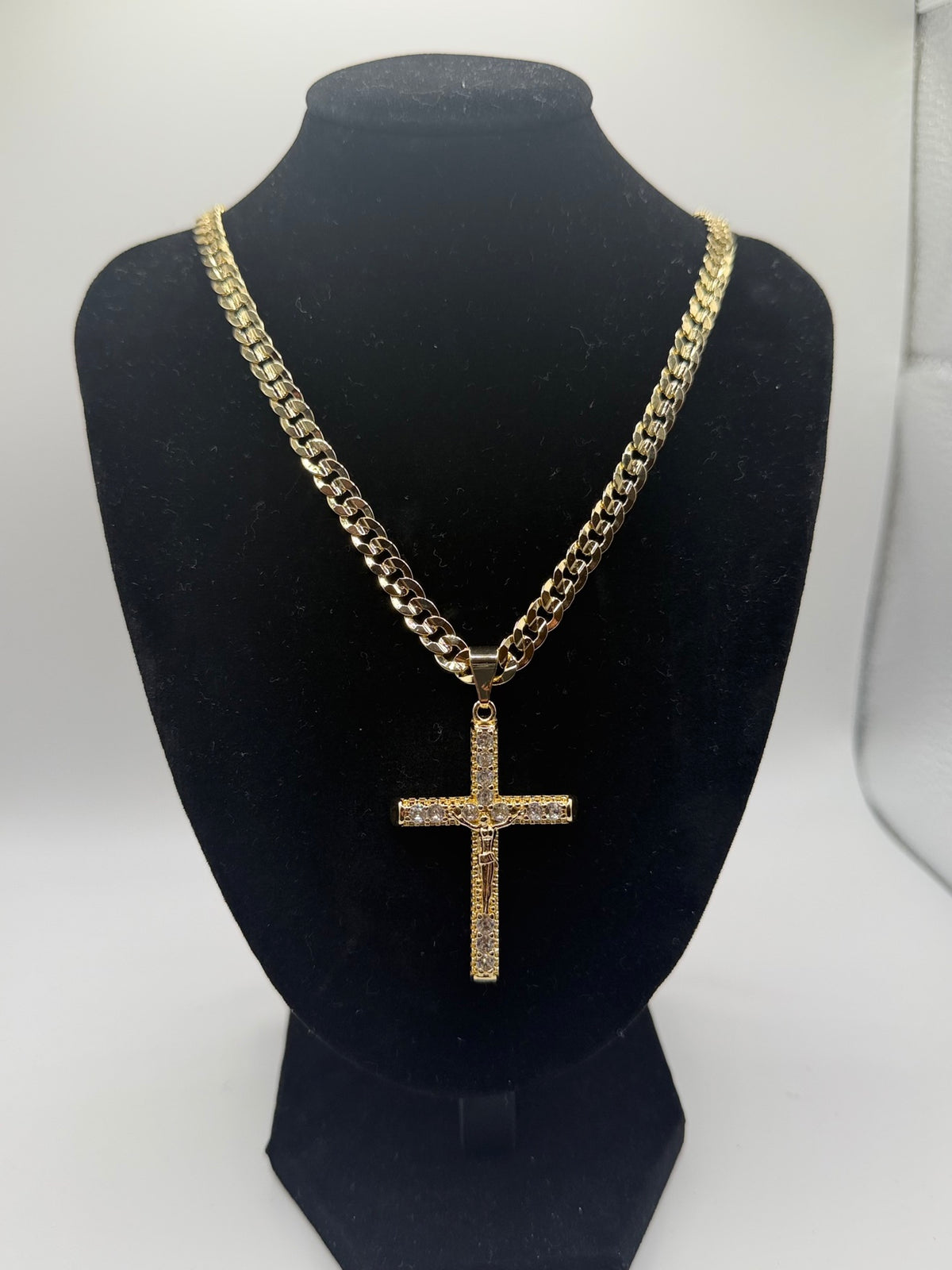 Gold crucifix pendant necklace - Cuban chain