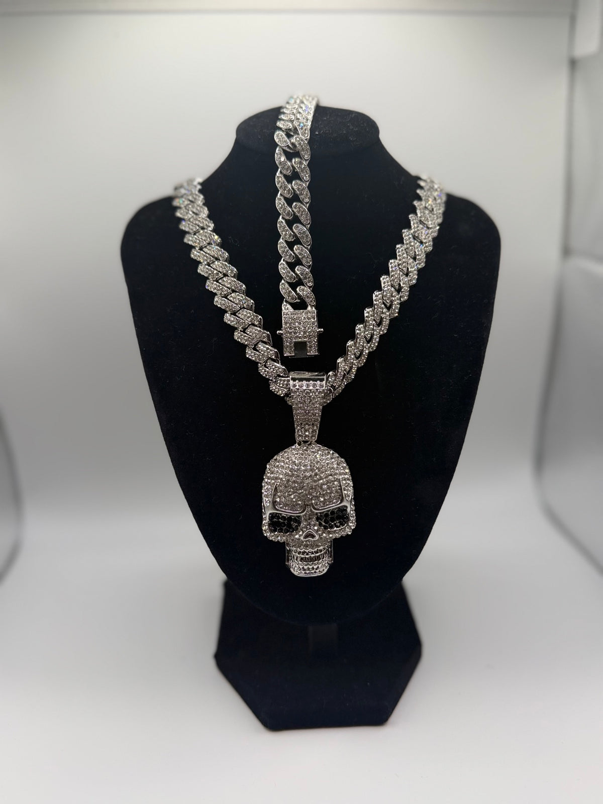 Silver skull necklace and bracelet set - iced Cuban links