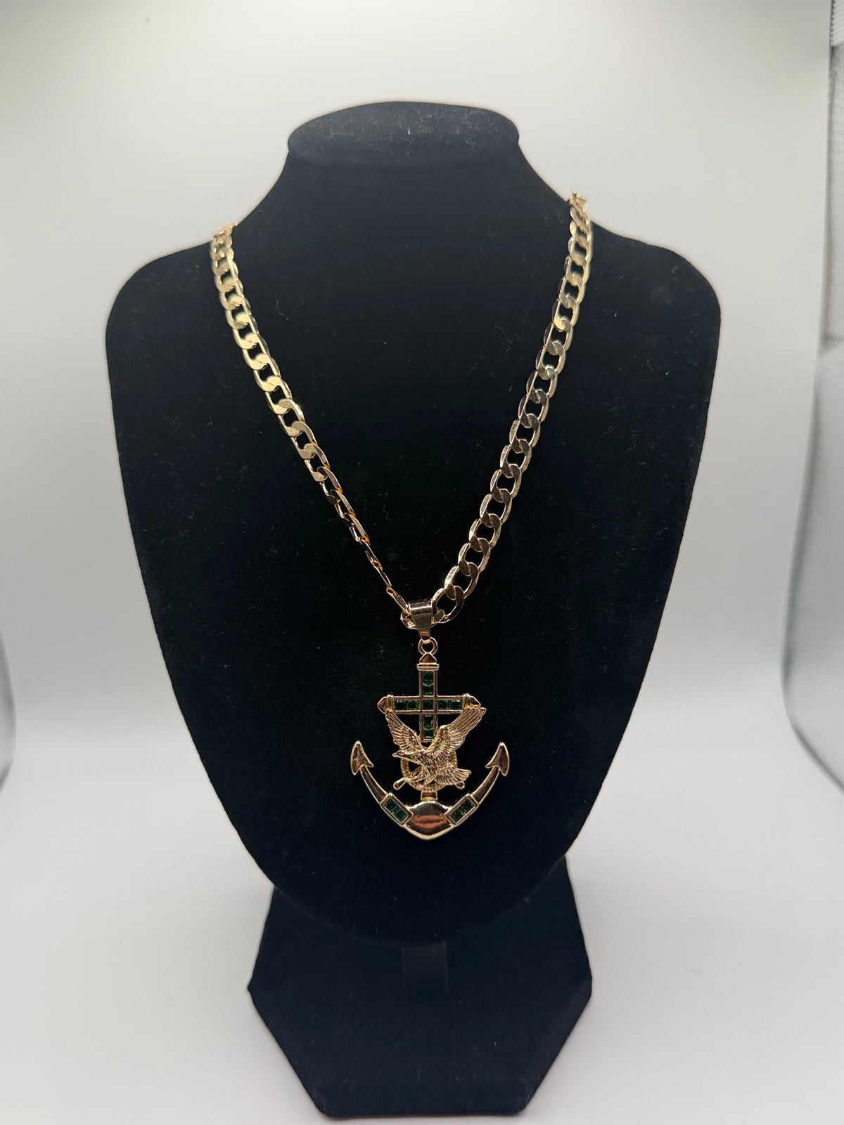 Gold anchor and eagle pendant necklace - Cuban chain