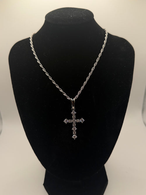Cross pendant necklace - silver tone with stones